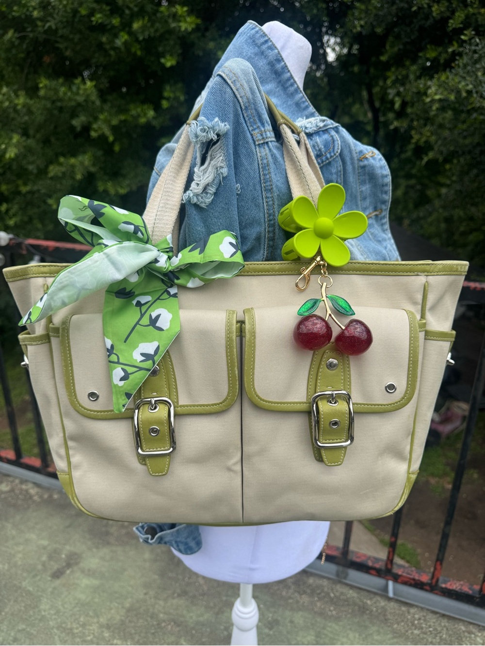 Coach Cream Canvas Tote with Green Trim and Cherry Charm